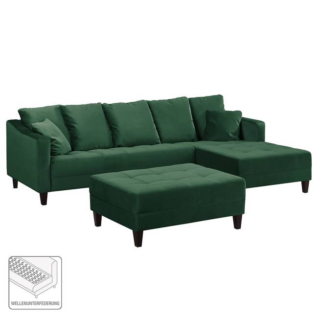 Ecksofa Elnora Grün/Dunkelgrün Webstoff 254 x 85 x 165cm Ottomane davorstehend rechts mit Hocker Glamour