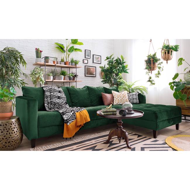 Ecksofa Elnora Grün/Dunkelgrün Webstoff 254 x 85 x 165cm Ottomane davorstehend rechts mit Hocker Glamour