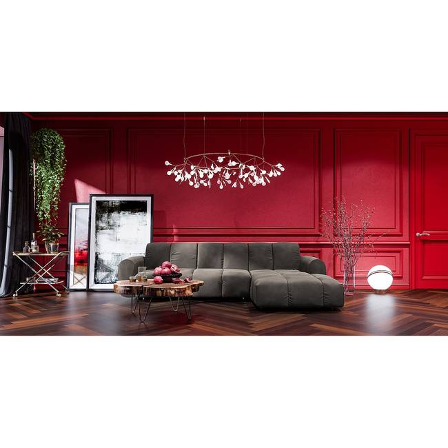 Ecksofa Malter Grau/Dunkelgrau Samt 293 x 83 x 198cm Longchair davorstehend rechts mit Schlaffunktion Glamour