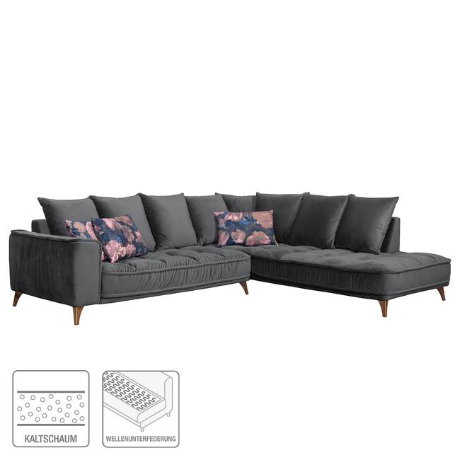 Ecksofa Schwarz/Schwarz Samt 288 x 92 x 245cm Ottomane davorstehend rechts Glamour