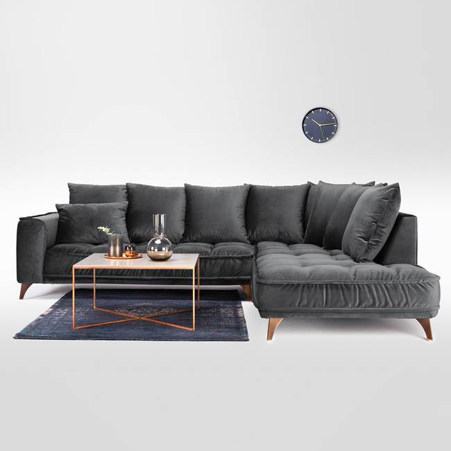 Ecksofa Schwarz/Schwarz Samt 288 x 92 x 245cm Ottomane davorstehend rechts Glamour