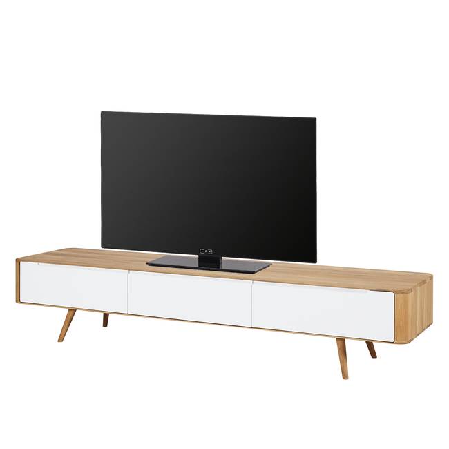 TV-Lowboard Front: MDF Mitteldichte Holzfaserplatte , lackiert Korpus & Beine: Massivholz Wildeiche, geölt Weiß/Wildeiche 225 x 42cm