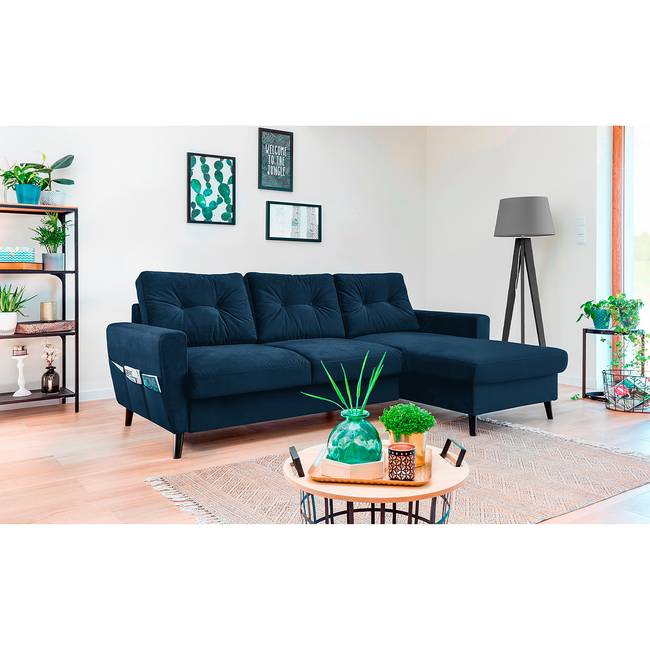 Ecksofa mit Longchair Blau/Dunkelblau Samt Krysia 223 x 90 x 148cm Longchair davorstehend rechts ohne Schlaffunktion Glamour