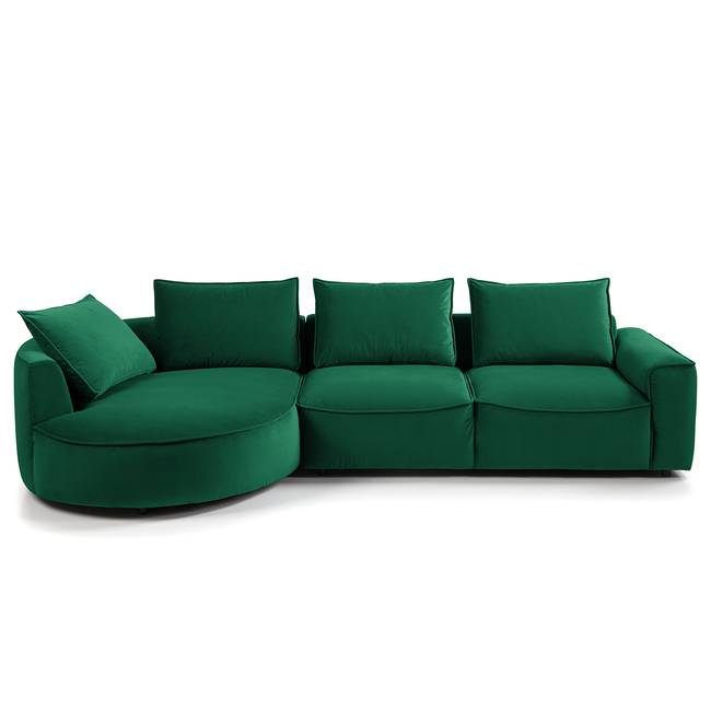 Ecksofa mit Ottomane Grün Samt Shyla 312 x 82 x 154cm Longchair davorstehend links Modern