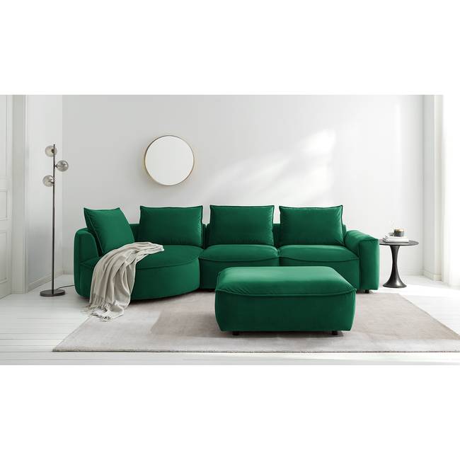 Ecksofa mit Ottomane Grün Samt Shyla 312 x 82 x 154cm Longchair davorstehend links Modern