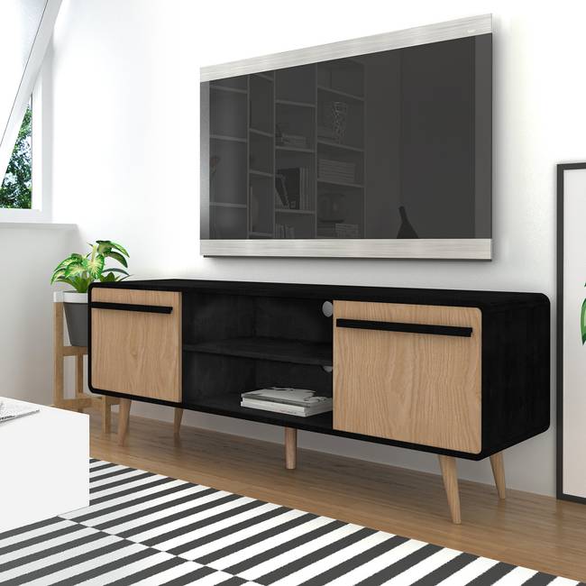 TV-Lowboard MDF Mitteldichte Holzfaserplatte , beschichtet Schwarz/Braun/Eiche Dekor/Schwarz 139 x 53 x 39cm