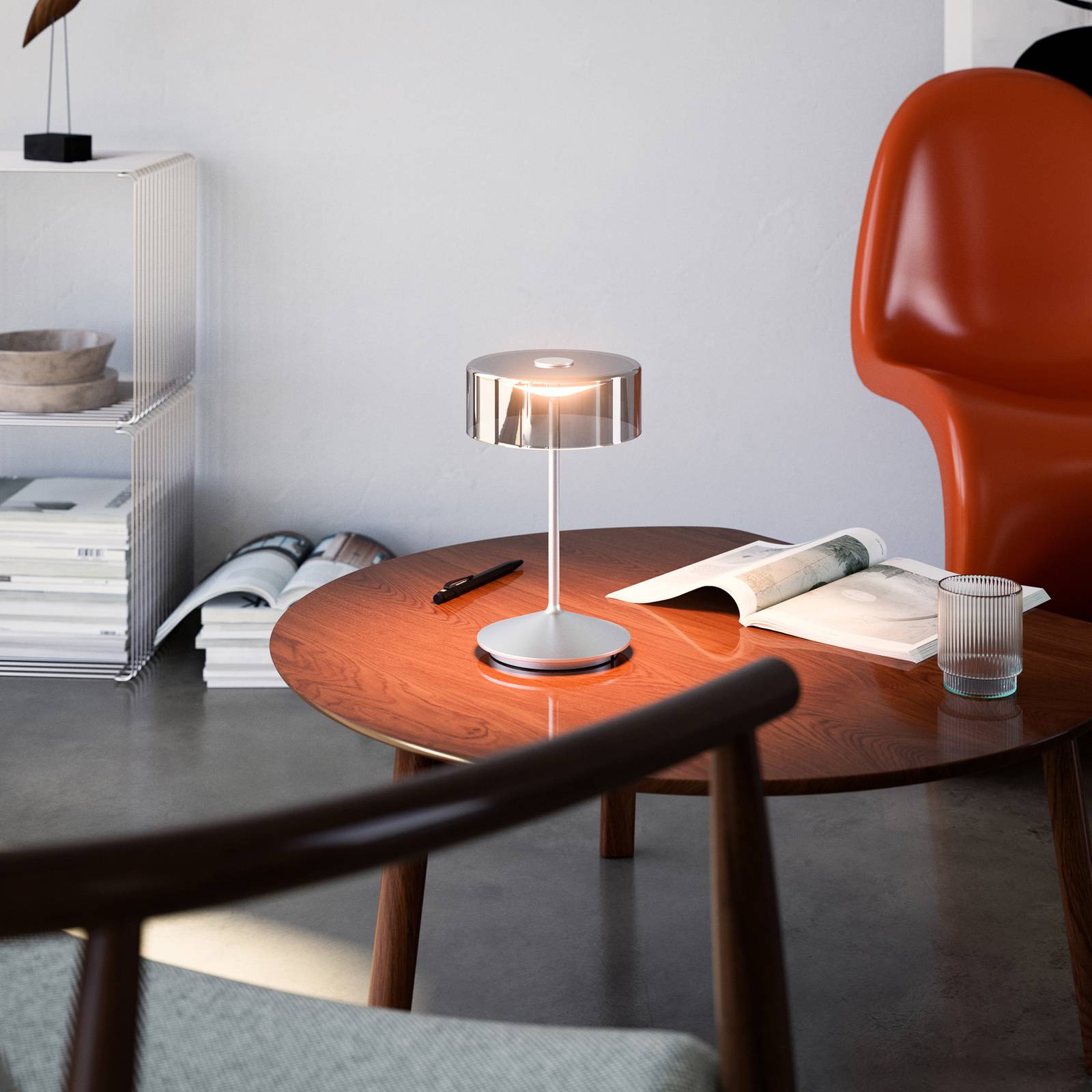 LED-Akkutischleuchte Numotion, silber, Glas, IP54, dimmbar
