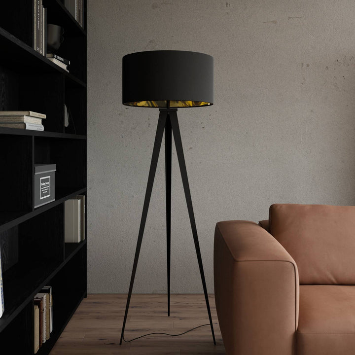 Lindby Stehlampe Benik, Tripod, Textil, schwarz/gold, 153cm