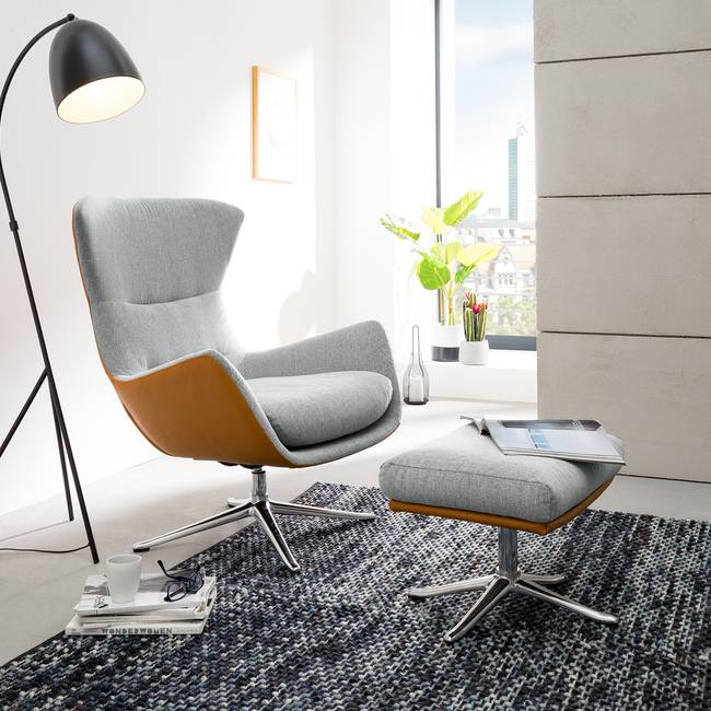 Sessel mit Kreuzfuß Braun/Grau/Hellgrau/Cognac Webstoff Saia / Echtleder Neka Chrom glänzend 84 x 99 x 96cm