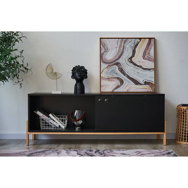 TV-Lowboard Caborn II Front &amp; Korpus: MDF Mitteldichte Holzfaserplatte , beschichtet Gestell: Massivholz Pinie, lackiert Schwarz 140 x 52 x