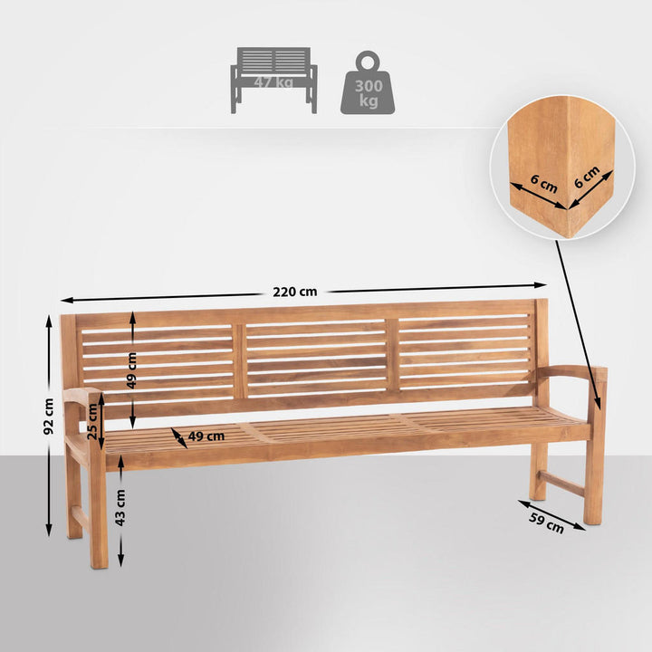 CLP Gartenbank, Teak, Holz, 220x92x59 cm, Gartenmöbel,