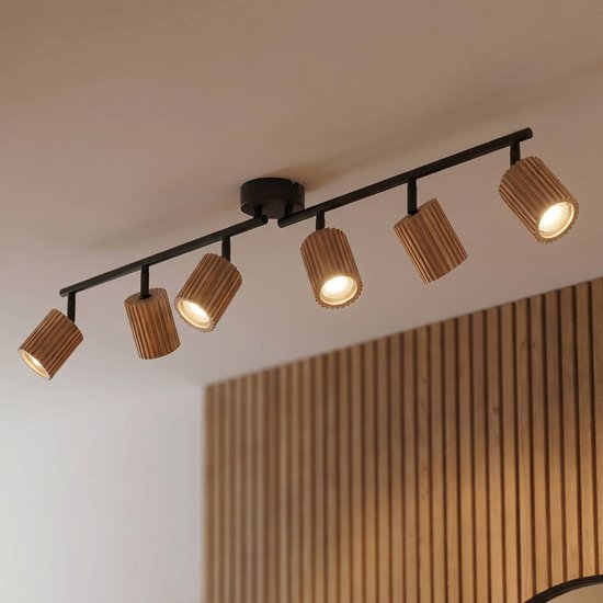 Lindby Deckenstrahler Stralino, 6-flammig, Länge 102cm, Holz