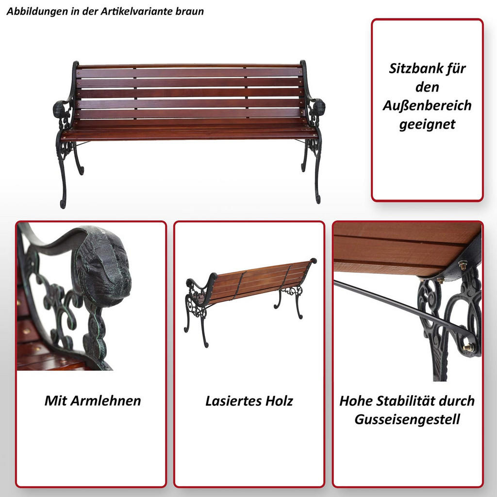 MCW Gartenbank, Schwarz, Teak, Holz, 125x72x37 cm, Gart